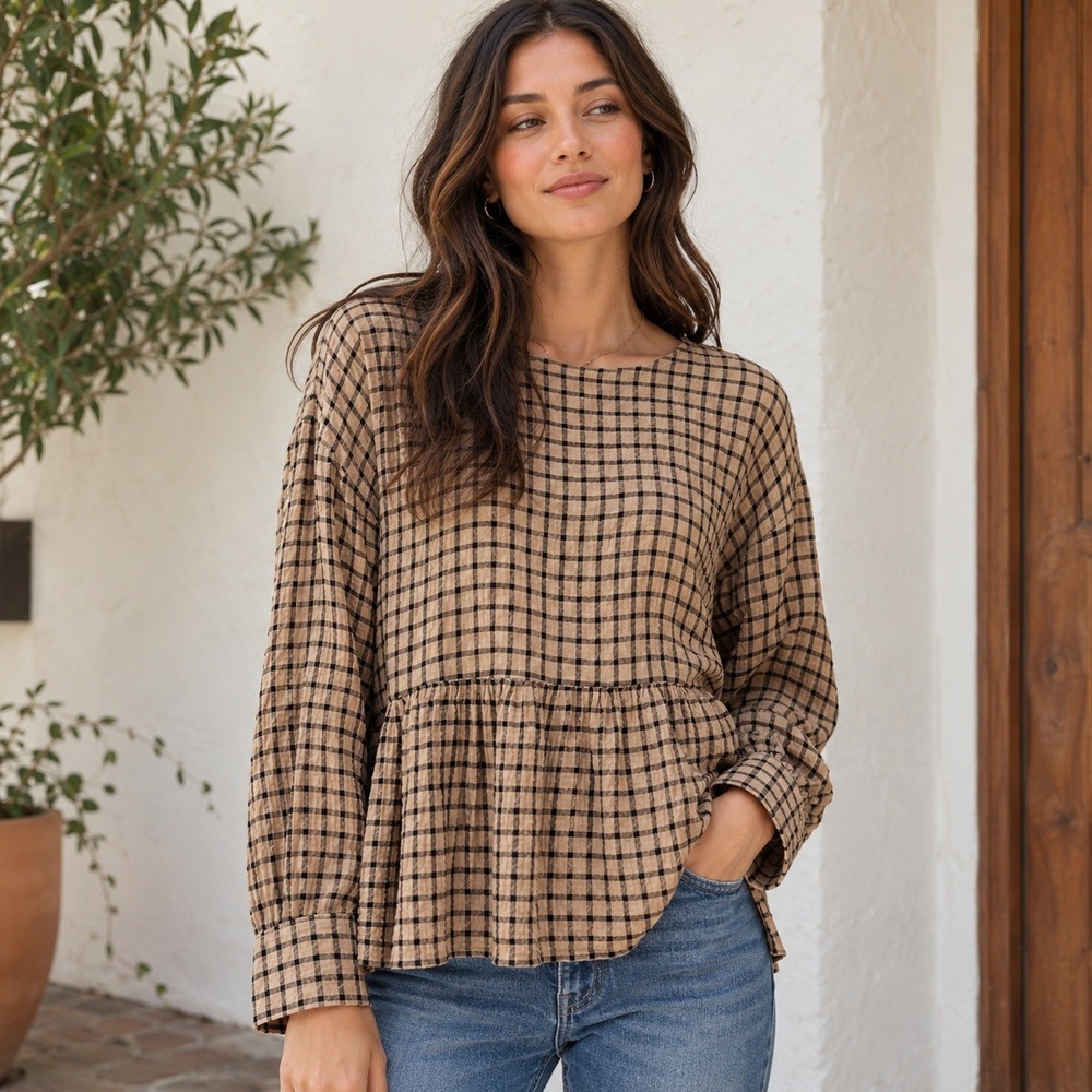 Madewell Peplum Blouse Textured Check Plaid Drop Shoulder Tan Black Women's S